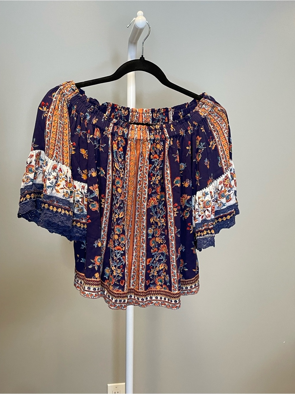 Angie Navy and Orange Floral Off-Shoulder Boho Blouse